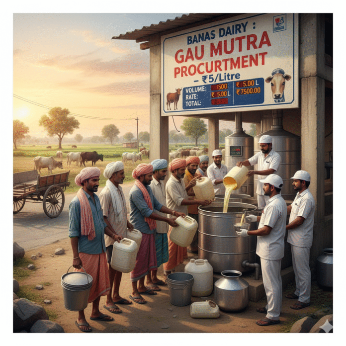 Banas Dairy has launched a pilot project to purchaseGau Mutra (cow urine) from local farmers at ₹5 per litre Banas Dairy has launched a pilot project to purchaseGau Mutra (cow urine) from local farmers at ₹5 per litre
